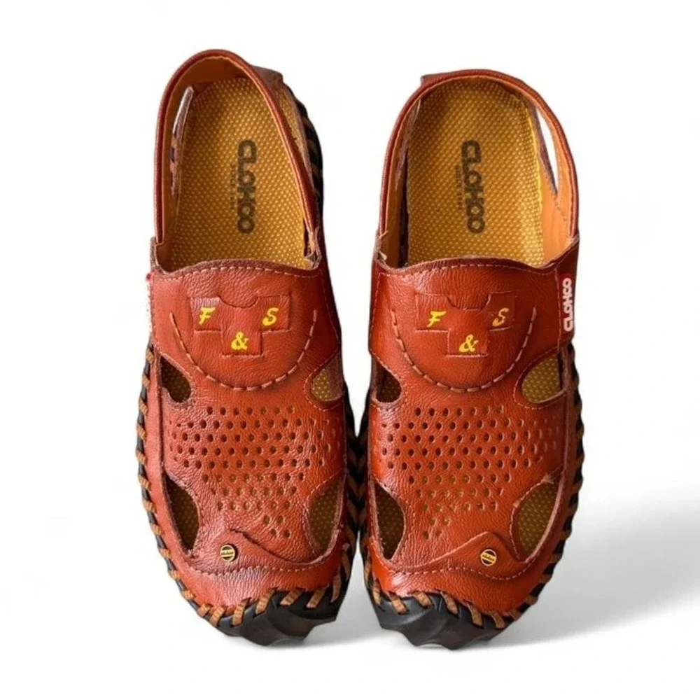 CLOHOO Mens Leather Fisherman Sandals Brown Perforated Slip On Size 42 - Picture 1 of 7